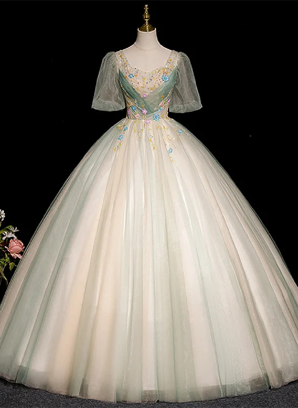 Lovely Green and Champagne Ball Gown Long Party Dress, Short Sleeves Sweet 16 Dress Turtleneck Neckline Stylish