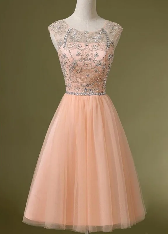 Peach Tulle Beaded Short Cute homecoming prom dresses, CM0031 Tunics Leisure comfortable