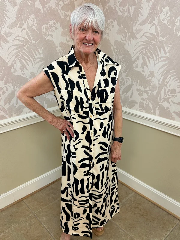 Lynne Cap Sleeve Printed Dress | Beige with Black Tunics Seasonal trendy