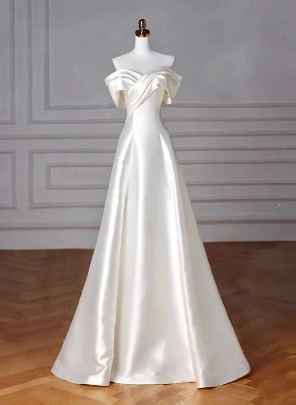 Elegant Ivory Satin Off Shoulder Party Dress, Ivory Long Prom Dress Chiffon Maxi Beach