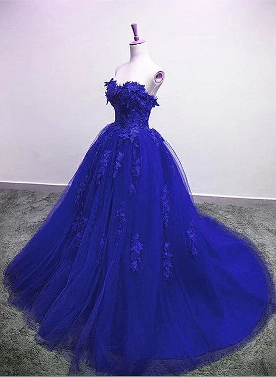 Royal Blue Tulle Strapless Ball Gown Long Prom Dress, Blue Party Dress Tunics Summer linen