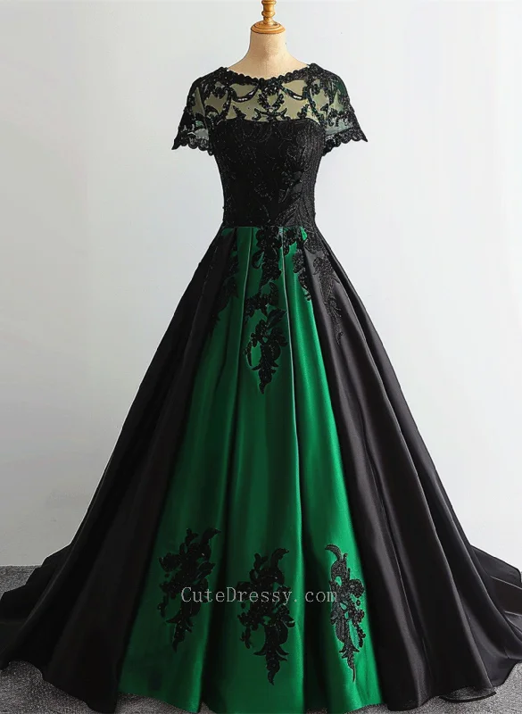 Black and Green Satin Short Sleeves Long Party Dress, Black and Green Formal Dress Crew Neckline Casual