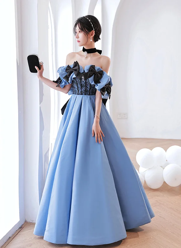 Blue Satin Sweetheart with Bow Long Party Dress, Blue A-line Prom Dress Evening Dress Turtleneck Neckline Stylish