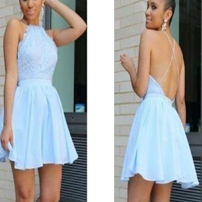 Popular baby blue open back halter sexy unique style freshman homecoming prom dresses, BD00139 Tunics Designer luxury