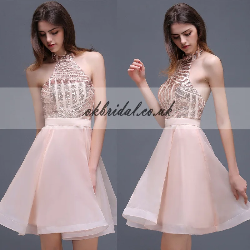 Halter Sequin Homecoming Dress, Backless Organza Homecoming Dress, Knee-Length Homecoming Dress, KX128 Cowl Neckline Elegant