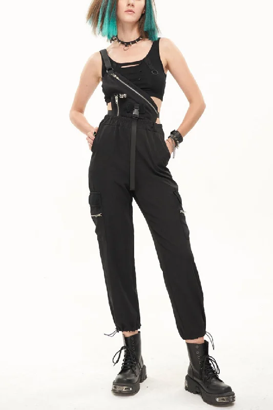 Black Punk Casual Single Shoulder Multiple Pockets Skull Head Decoration Strap Women's Pants Slim Fit Casual Pants Black Punk Casual Single Shoulder Multiple Pockets Skull Head Decoration Strap Women's Pants Slim Fit Casual Pants