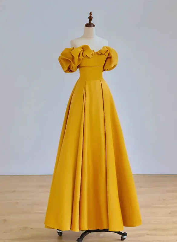 Yellow A-line Satin Off Shoulder Long Party Dress, Yellow Formal Dress Evening Dress Tunics Favorite customer