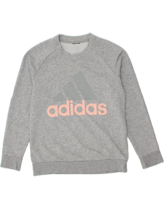 ADIDAS Womens Graphic Sweatshirt Jumper UK 16 Large Grey Hoodie with Applique Textured Unique ADIDAS Womens Graphic Sweatshirt Jumper UK 16 Large Grey Hoodie with Applique Textured Unique