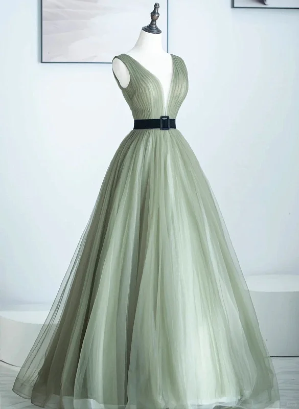 A-line Light Green V-neckline Tulle Long Prom Dress, Light Green Party Dress Tunics Canvas sturdy