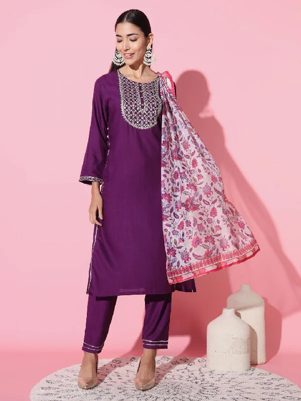 Women Round Neck Embroidered Work Rayon Slub Fabric Kurta & Pant With Dupatta Set - Taantav Classic Stretch Pants Women Round Neck Embroidered Work Rayon Slub Fabric Kurta & Pant With Dupatta Set - Taantav Classic Stretch Pants