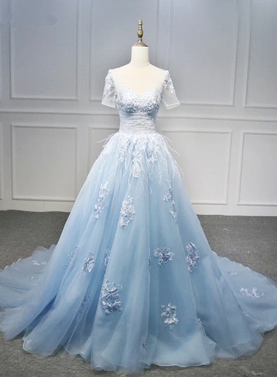 Blue Short Sleeves Lace Applique Organza Tulle Party Dress, Round Neckline Blue Sweet 16 Gown Formal Dress Off-the-shoulder Bohemian Festive
