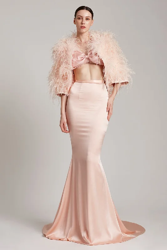 Silk Satin Trumpet Skirt with Train in Blush Pink leather skirt modern