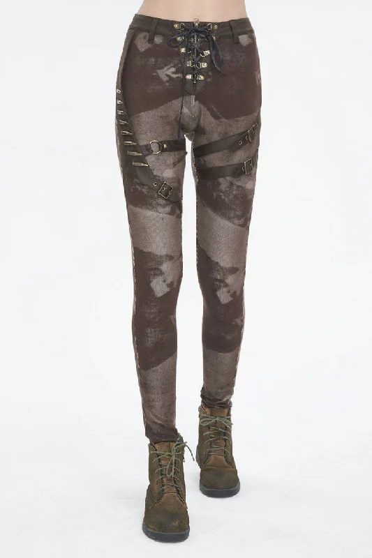 Brown High Waisted Print Women's Punk Pants Lightweight Linen Pants