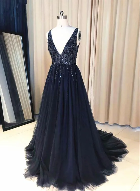 Navy Blue V-neckline Beaded  Long Prom Dress, Chic Tulle Sparkle Formal Dress Party Dress Tunics Sale discount