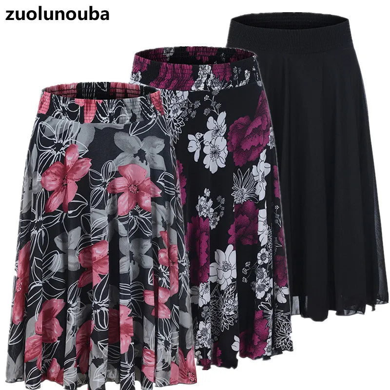 2023 Fall Middle-aged Half-length Skirt Mother Wear Elastic Waist Pleated Women Polka Dot Flower Ladies Skirts casual skirt length