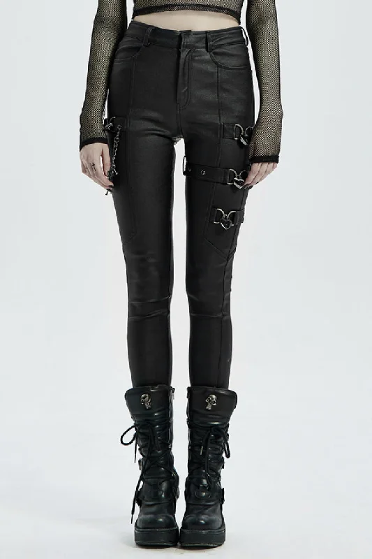 Black Faux Leather Metal Love Lock Buckles Women's Steampunk Pants Casual Sweatpants Style