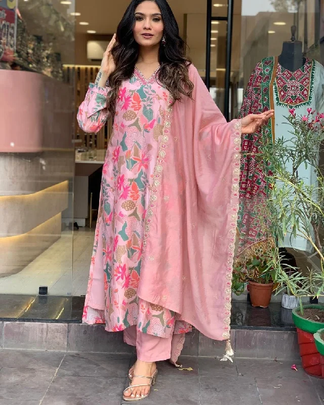 Women V Neck Embroidered Work Viscose Rayon Fabric Kurta & Pant With Dupatta Set - Taantav Stylish Casual Pants Women V Neck Embroidered Work Viscose Rayon Fabric Kurta & Pant With Dupatta Set - Taantav Stylish Casual Pants