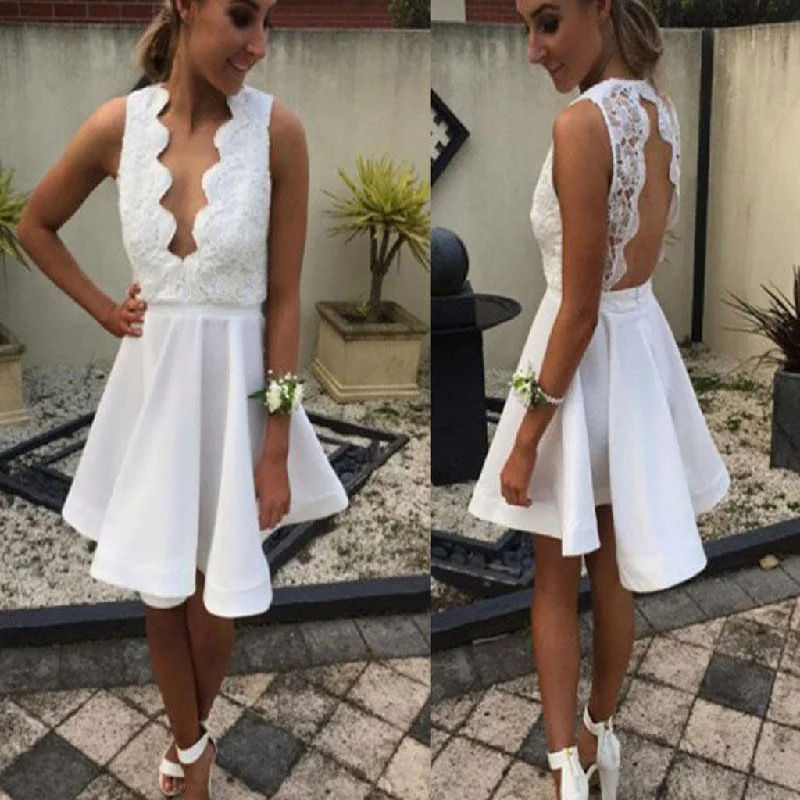 Short white lace simple open backs sexy unique style cocktail homecoming prom gown dress,BD00176 Tunics Brand named