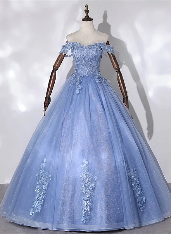 Blue Off Shoulder Tulle Party Dress with Lace, Long Formal Dress Sweet 16 Dress Tunics Solid Classic