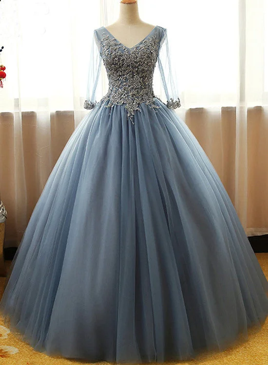 Gorgeous Long Blue Half Sleeve Prom Dresses, Floor-length Long Dusty Blue Ball Gown Party Dress Square Neckline Feminine