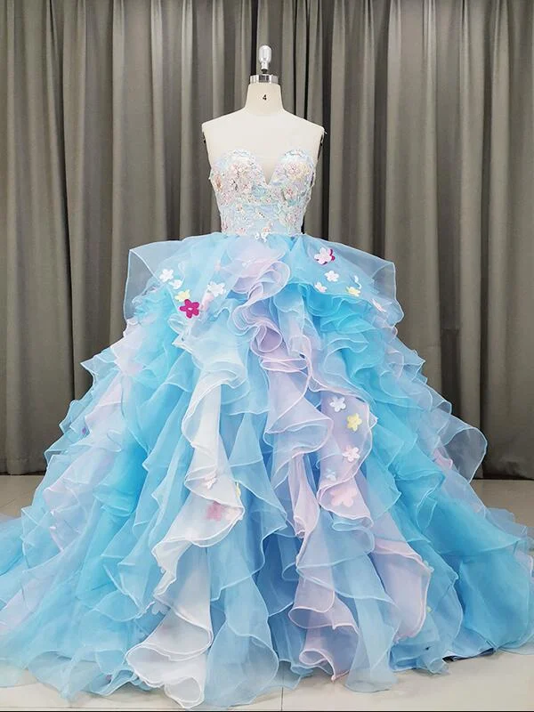 Gorgeous Organza Flowers Blue Sweet 16 Gown, Handmade Party Dress Mermaid Tail Wedding