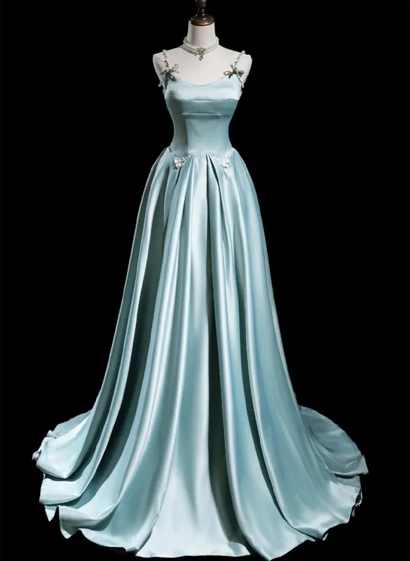 Blue Satin A-line Beaded Long Party Dress Prom Dress, Blue Evening Dress Tunics Practical durable