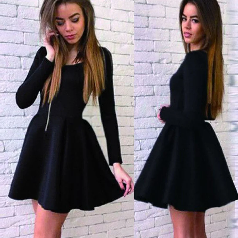 Long sleeve black stain simple graduation freshman harming homecoming prom dress,BD0019 Maxi Flowy Bohemian