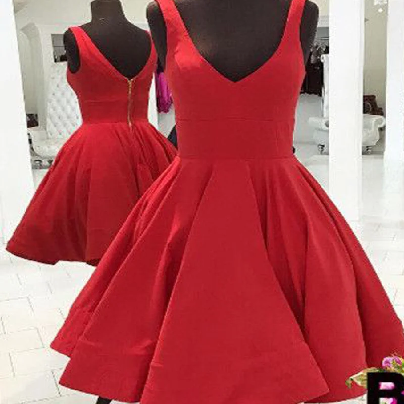 Blush red simple v-neck freshman A-line cheap homecoming prom gown dress,BD00141 Tunics Office stylish