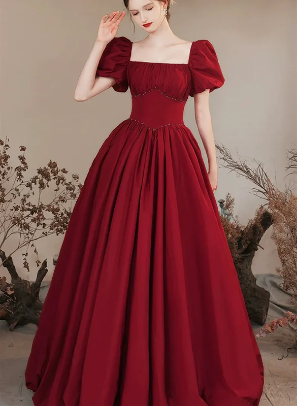 Wine Red A-line Long Party Dress Formal Dress, Short Sleeves Wine Red Prom Dress Boat Neckline Classic
