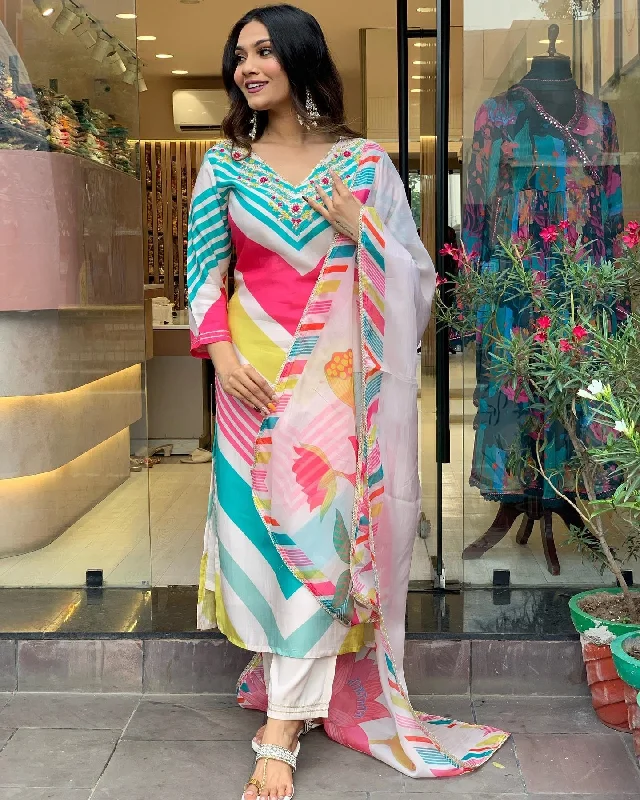 Women V Neck Embroidered Work Viscose Rayon Fabric Kurta & Pant With Dupatta Set - Taantav Casual Yoga Pants
