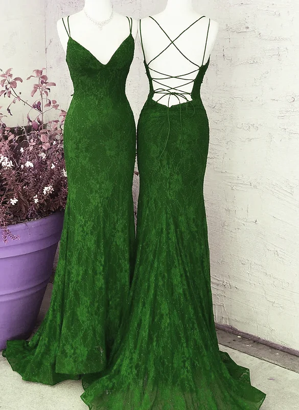 Green Lace Mermaid Straps Long Party Dress, Green Lace Wedding Party Dress Tunics Winter warm