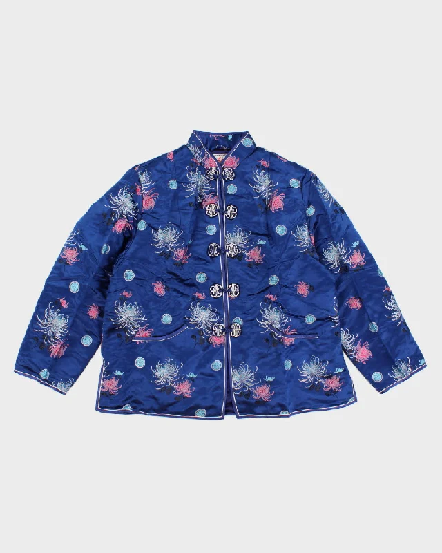 Vintage Women's Blue satin Mandarin collar Jacket - M Tiered Jacket Buttoned Jacket Zippered Jacket