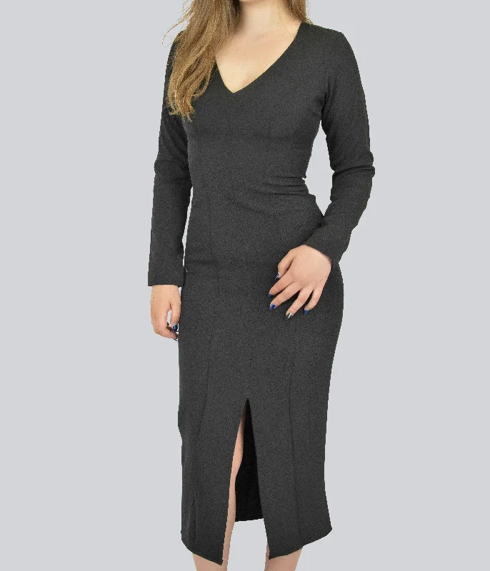 Fitted Black Dress with Front Slit Pencil Office Professional