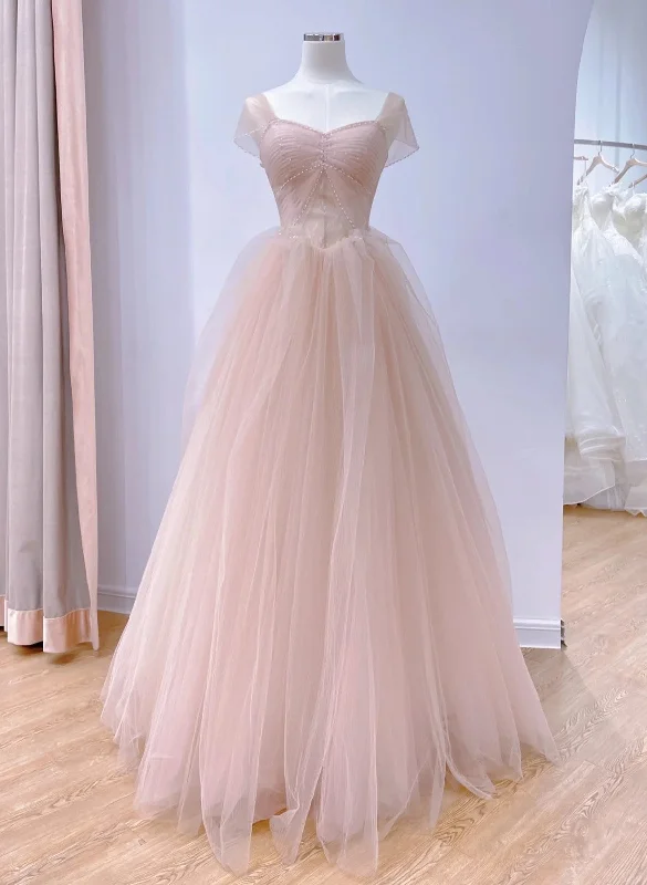Pink Sweetheart Tulle Beaded Long Party Dress, Pink Tulle Prom Dress Evening Dress Tunics Favorite customer