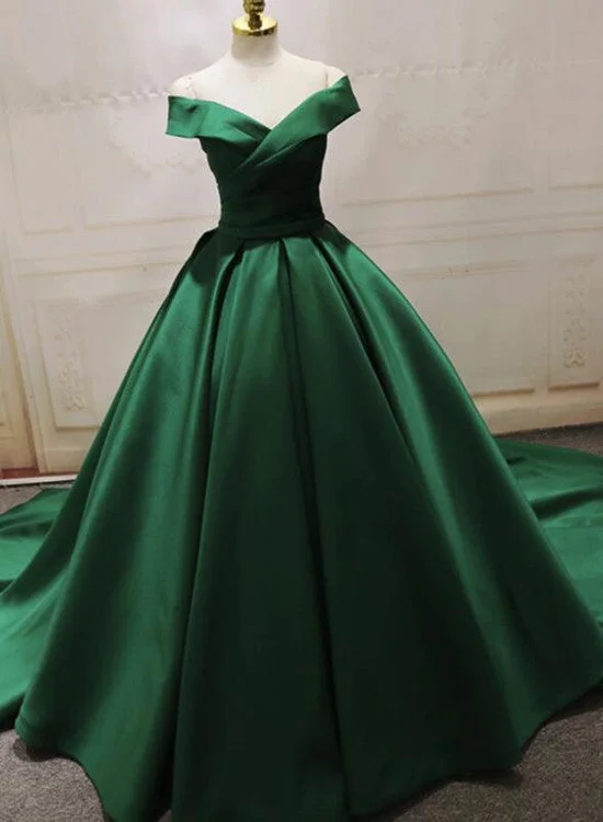 Green Satin Off Shoulder Long Formal Gown, Beautiful Party Dress, Floor Length Party Dress Cowl Neckline Elegant