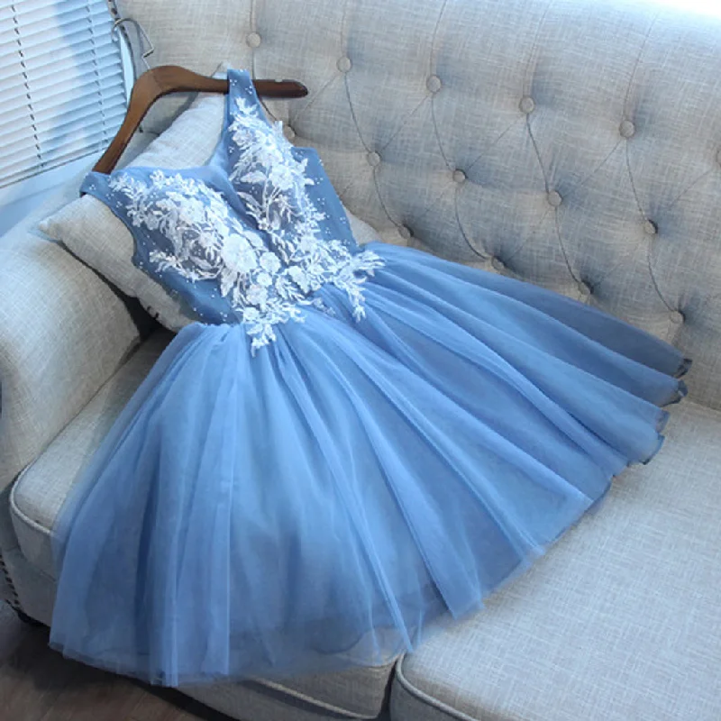 Tulle Sleeveless Homecoming Dress, Applique Knee-Length Homecoming Dress, KX472 sweetheart Neckline Romantic