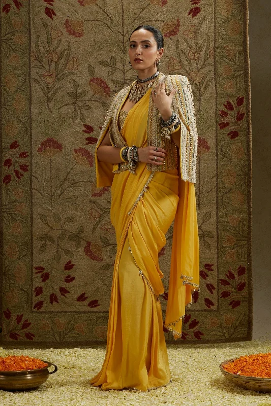 Dandelion Pre-Draped Saree Paired With Metal Embellished Bustier And Embellished Cape Jacket Wool Fabric Cashmere Fabric Tweed Fabric
