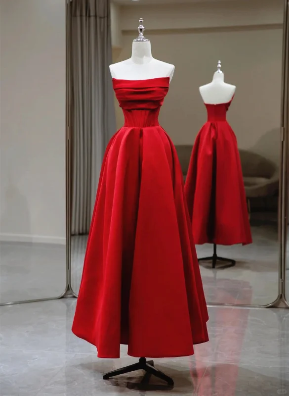 Red Satin A-line Long Evening Dress Prom Dress, Red Satin Wedding Party Dress Tunics Velvet soft