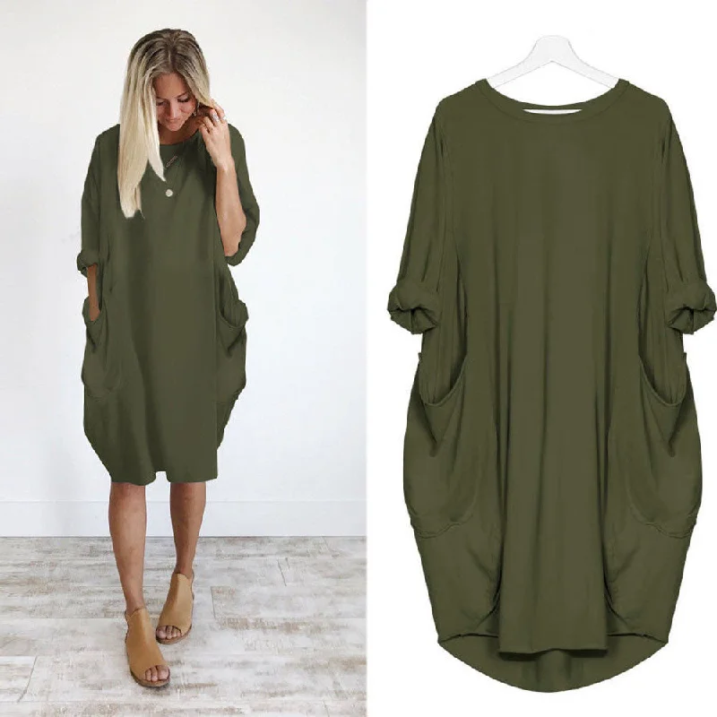 Women's Pocket Loose Crew Neck Casual Long Dress Tunics Trendy modern