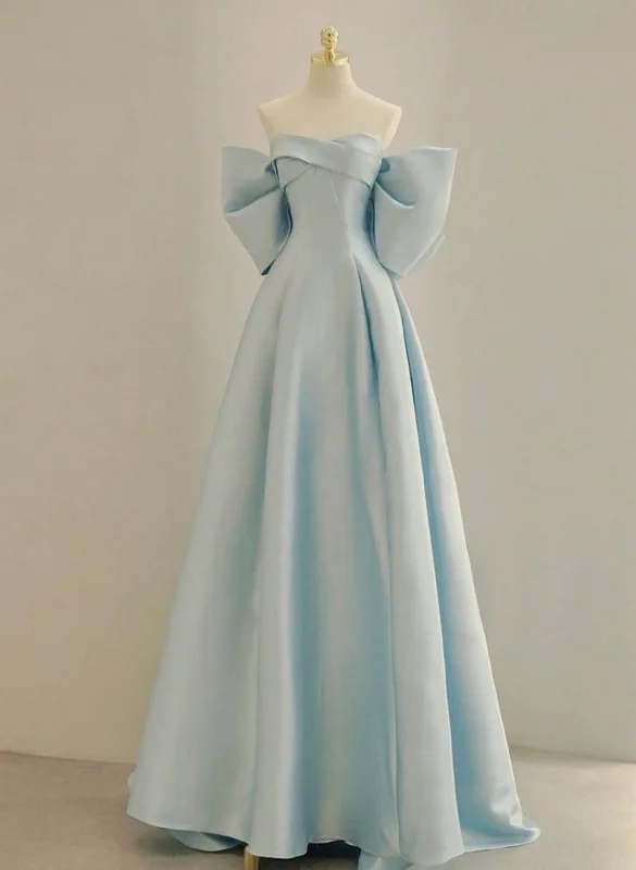 Light Blue Chic Satin Off Shoulder Long Party Dress, A-line Light Blue Formal Dress Tunics Denim casual