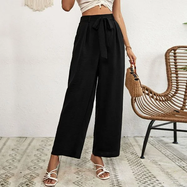 European style Casual Black Wide leg pants Elegant Wool Trousers