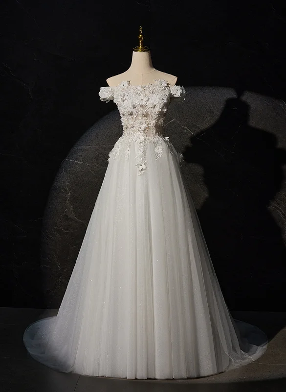 White Tulle with Lace Off Shoulder Long Wedding Party Dress, White Long Prom Dress Tunics Cozy soft
