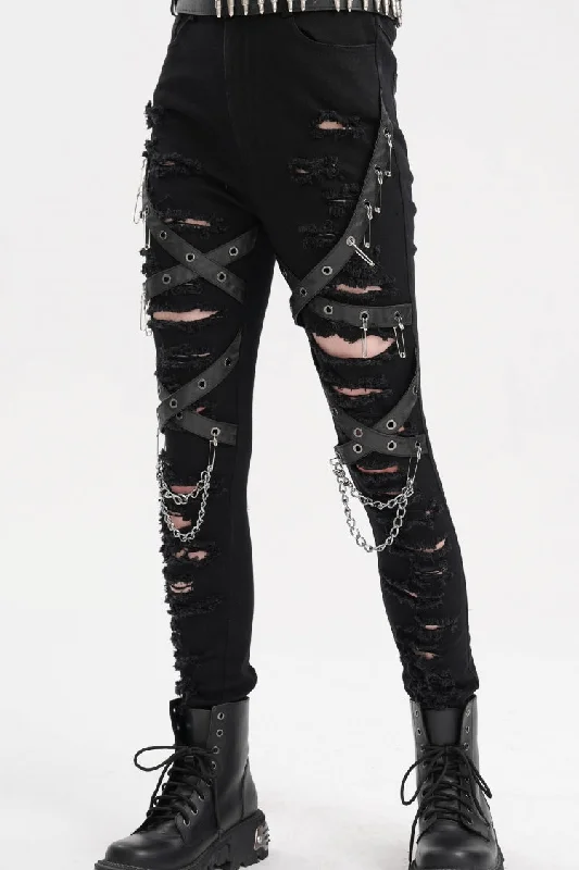 Black Chain Mesh Ripped Women's Punk Pants Trendy Printed Leggings
