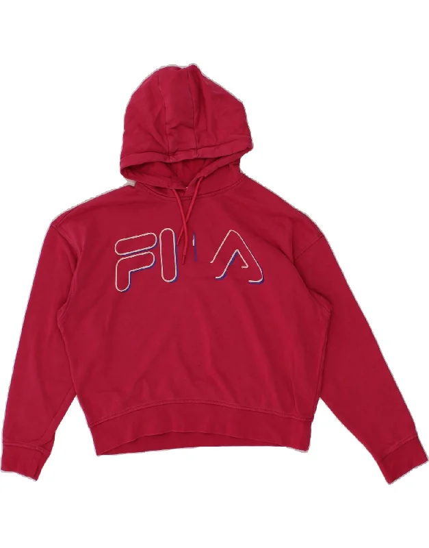 FILA Womens Oversized Graphic Hoodie Jumper UK 6 XS Pink Cotton Hoodie with Drawstring Waist Adjustable Fitted