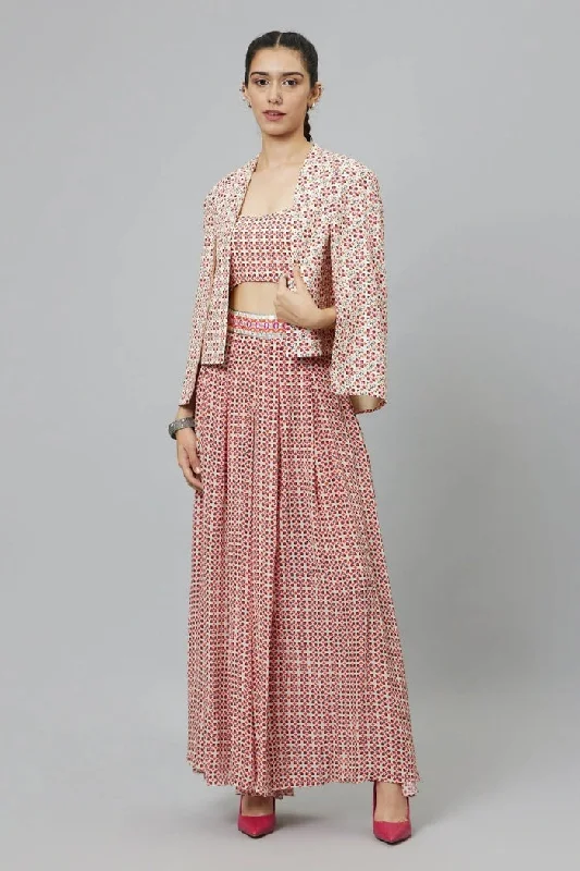 METAL EMBELLISHED IVORY GEOMETRIC PRINT STRUCTURED CAPE JACKET, TEAMED WITH BOX PLEATED PANTS AND BUSTIER Cotton Jacket Linen Jacket Terry Jacket