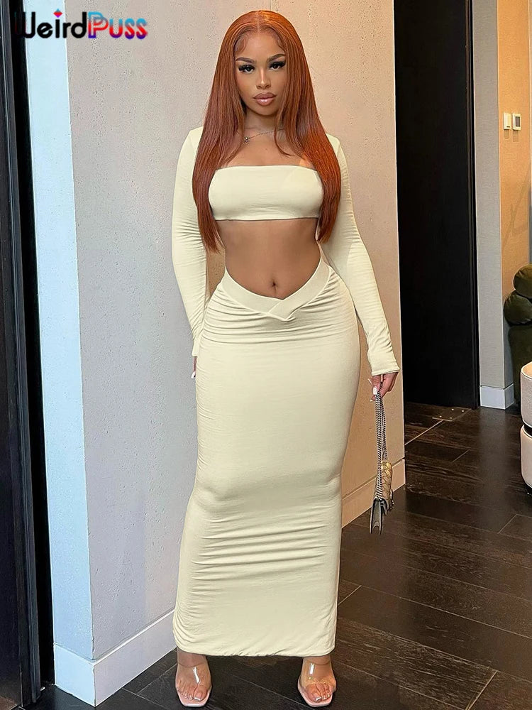 Weird Puss Autumn Women 2 Piece Set Tracksuit New Trend Long Sleeve Crop Tops+Wide Waistband Maxi Skirts Casual Streetwear Suits flowy skirt hem