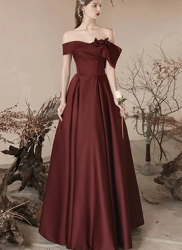 Chic Burgundy Satin Off Shoulder Party Dress, Satin Simple Prom Dress Tunics Business professional
