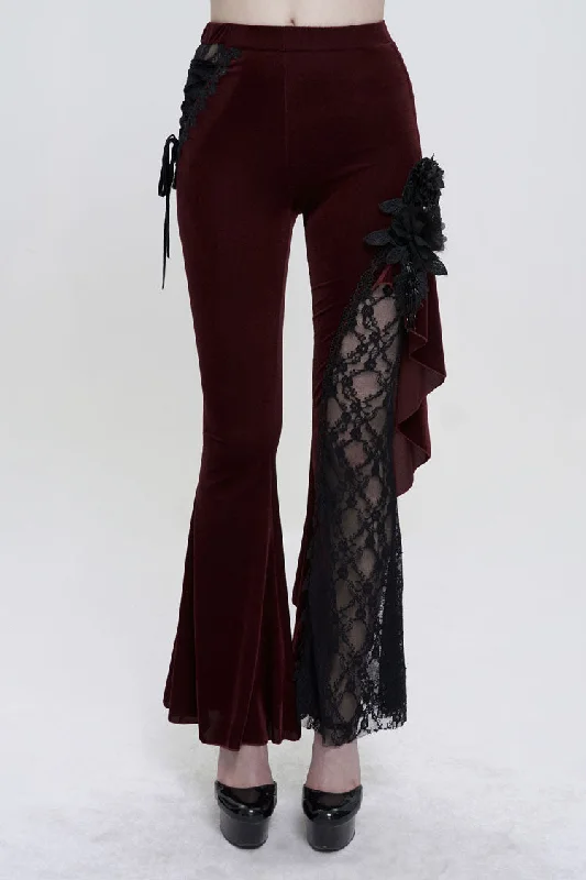 Red Velvet Single Side Stitching Rose Net Side Rope Decoration Asymmetric Pattern Flare Women's Gothic Pants Casual Lounge Pants Red Velvet Single Side Stitching Rose Net Side Rope Decoration Asymmetric Pattern Flare Women's Gothic Pants Casual Lounge Pants