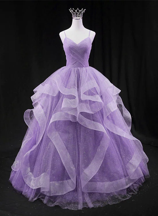 Cute Light Purple Tulle Long Layers Straps Party Dress, Sweet 16 Formal Gown Tunics Business professional