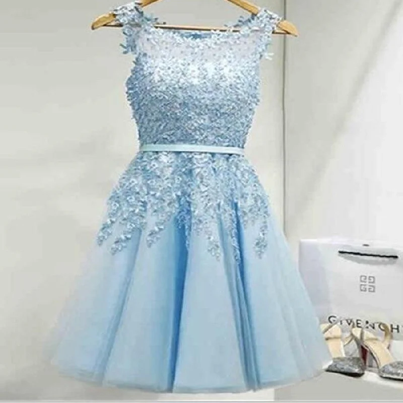 Light blue appliques lace see through lovely freshman homecoming prom gown dress,BD00109 Tunics stripes playful
